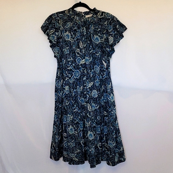 Ulla Johnson Dresses & Skirts - Ulla Johnson Blue Floral Ruffled Neck And Flutter Sleeve Mini Dress Size 12